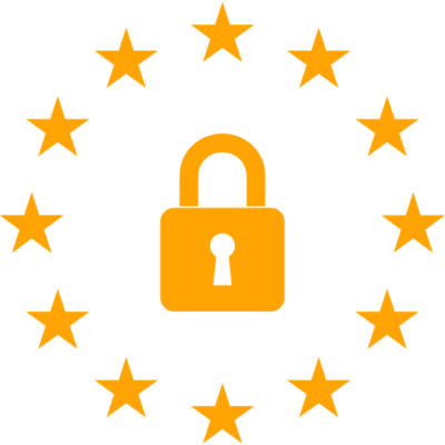 Oranges Vorhängeschloss in der Mitte, umgeben von zwölf orangefarbenen Sternen im Kreis als Symbol für Sicherheit und Datenschutz.